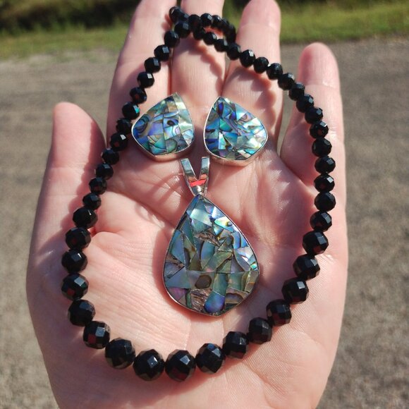 Jay King Midnight Chalcedony necklace Abalone pendant and earrings set 925 Sterl - Picture 6 of 8